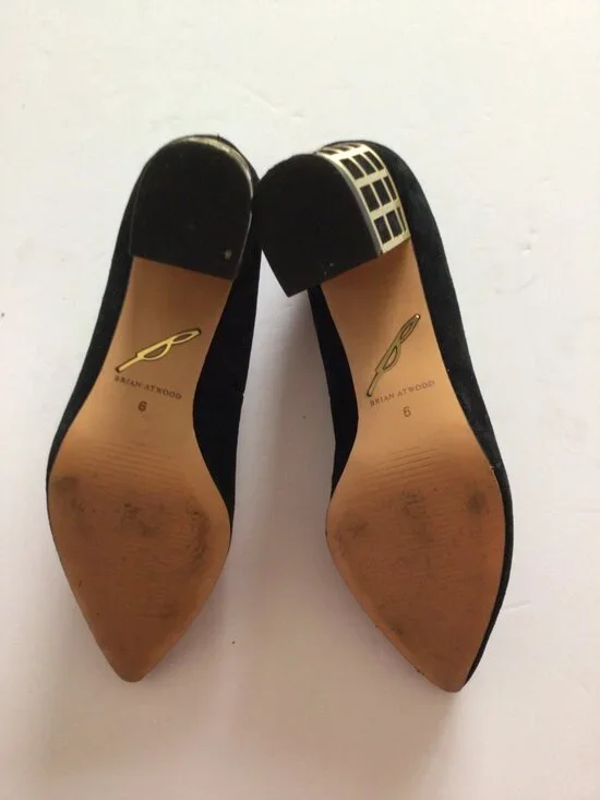 B. Brian Atwood Black Suede Point Toe Pumps. Gold Caged Block heels. Size 6 - Picture 5 of 7